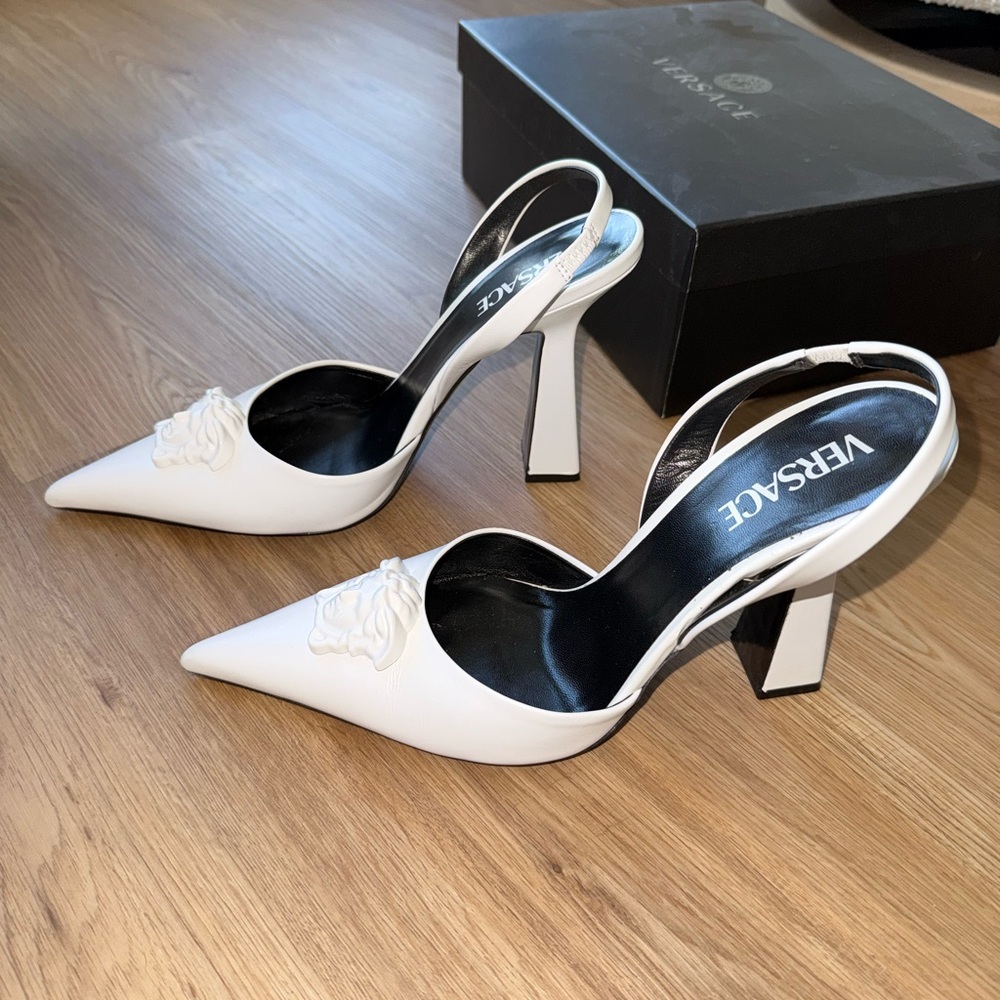 Versace White Pointed Toe Slingback Heels